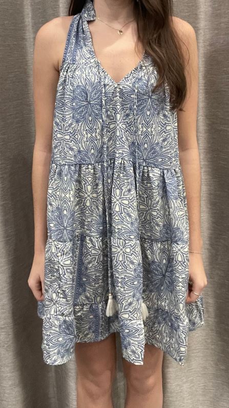 Paani Blue/White Printed Sleeveless Short Dress