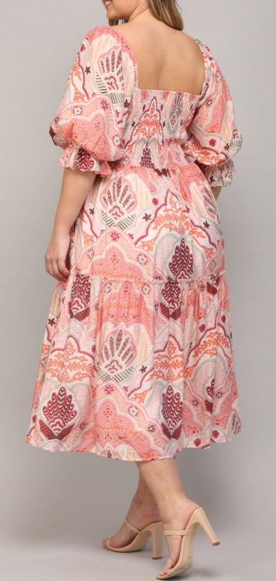 Fate Coral/Pink Floral 3/4 Sleeve Midi Dress
