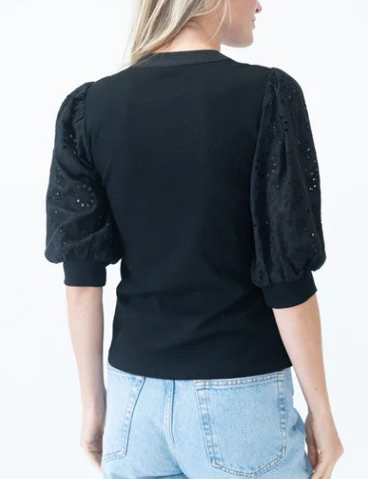 Six Fifty Black Knit and Eyelet Short Sleeve Top