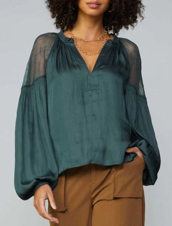 Current Air Forest Green Long Sleeve Blouse w/ Lace Shoulder