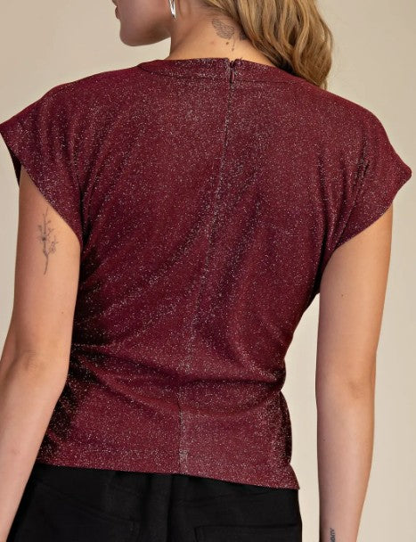 Glam Cap Sleeve Pleated Blouse - Wine