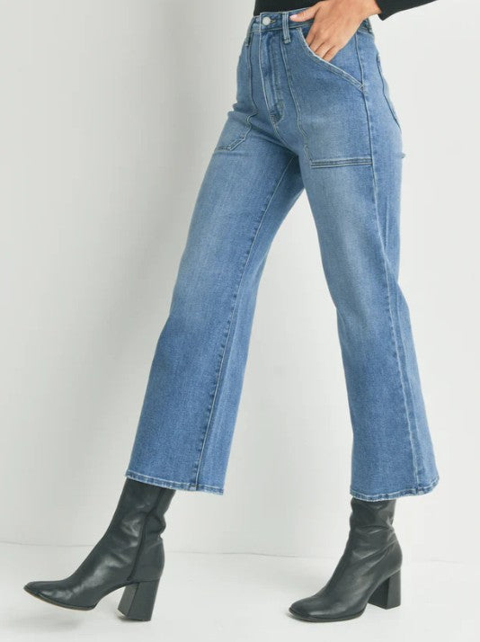 Just Black Denim HR Cargo Pocket Wide Leg Jeans - Medium Denim