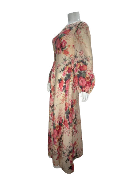 Zimmermann Beige/Pink Floral Long Sleeve Linen Maxi Dress - Size 2