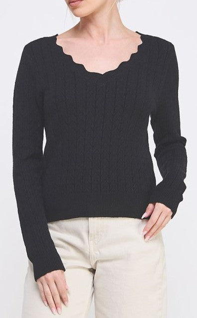 Allie Rose Pointelle Scallop Neck Sweater - Black