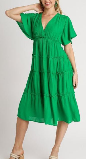 Umgee Green Short Sleeve Tiered Midi Dress