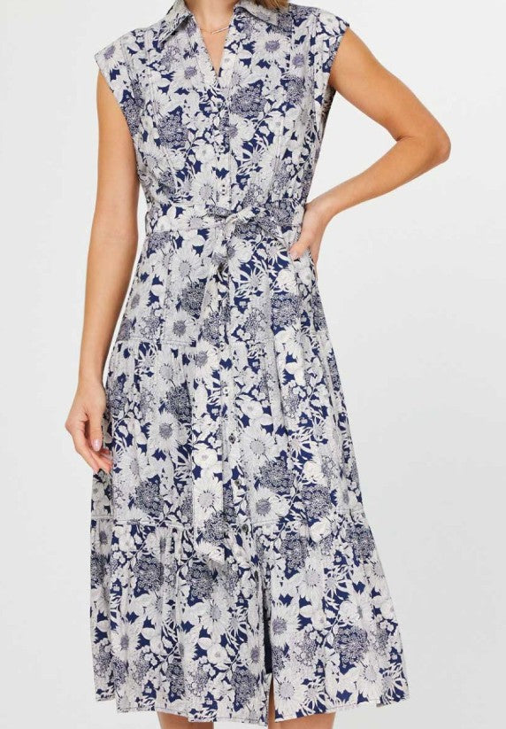 Current Air Navy/White Floral Cap Sleeve Button Down Midi Dress