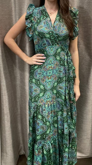 Paani Green Printed Sleeveless Maxi Wrap Dress