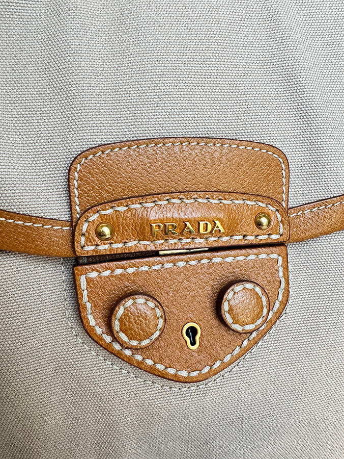 Prada Buckle Top Handle Satchel Beige