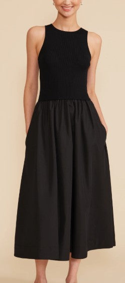 Lucy Paris Black Sleeveless Mixed Media Midi Dress