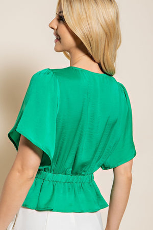 Glam Green Short Sleeve Cropped V-Neck Blouse