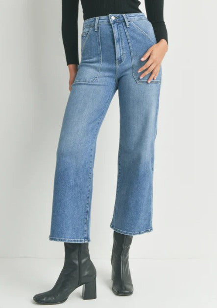 Just Black Denim HR Cargo Pocket Wide Leg Jeans - Medium Denim