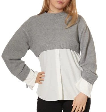 Theo and Spence Grey Sweater - White Poplin  Combo Top