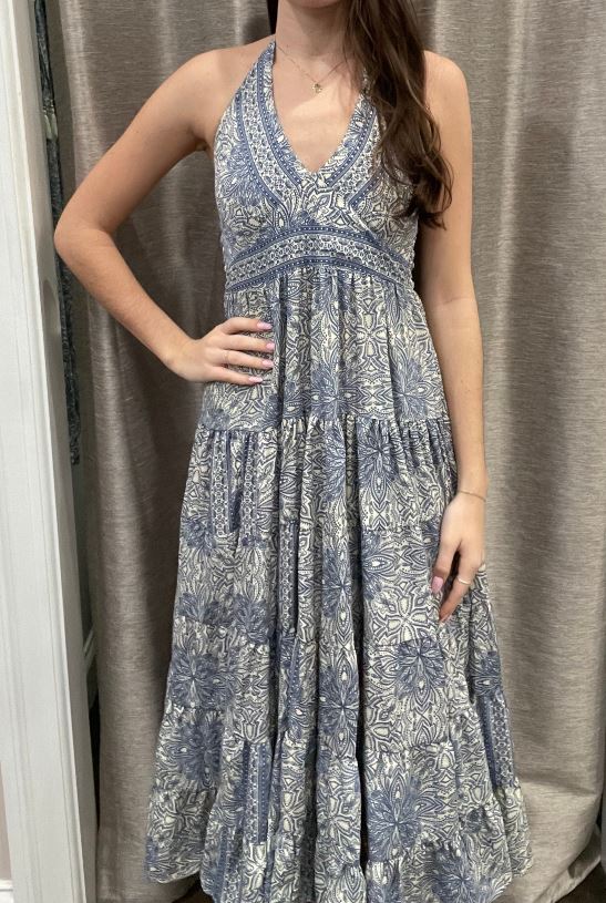 Paani Blue/White Printed Halter Maxi Dress