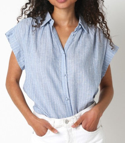 Olivaceous Blue/White Striped Linen Short Sleeve Blouse