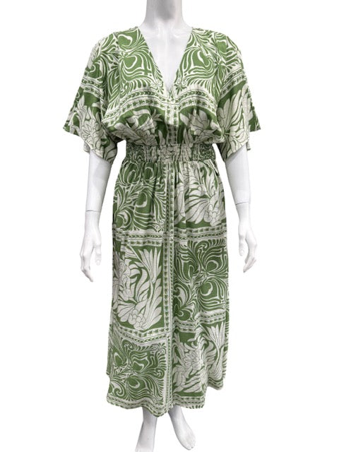 Very J Green/Ivory Short Sleeve V-Neck Midi Dress