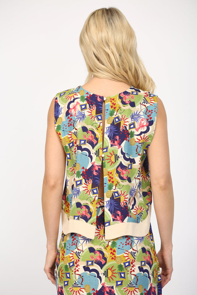 Fate Multicolor Printed Sleeveless Linen Blend Cropped Top