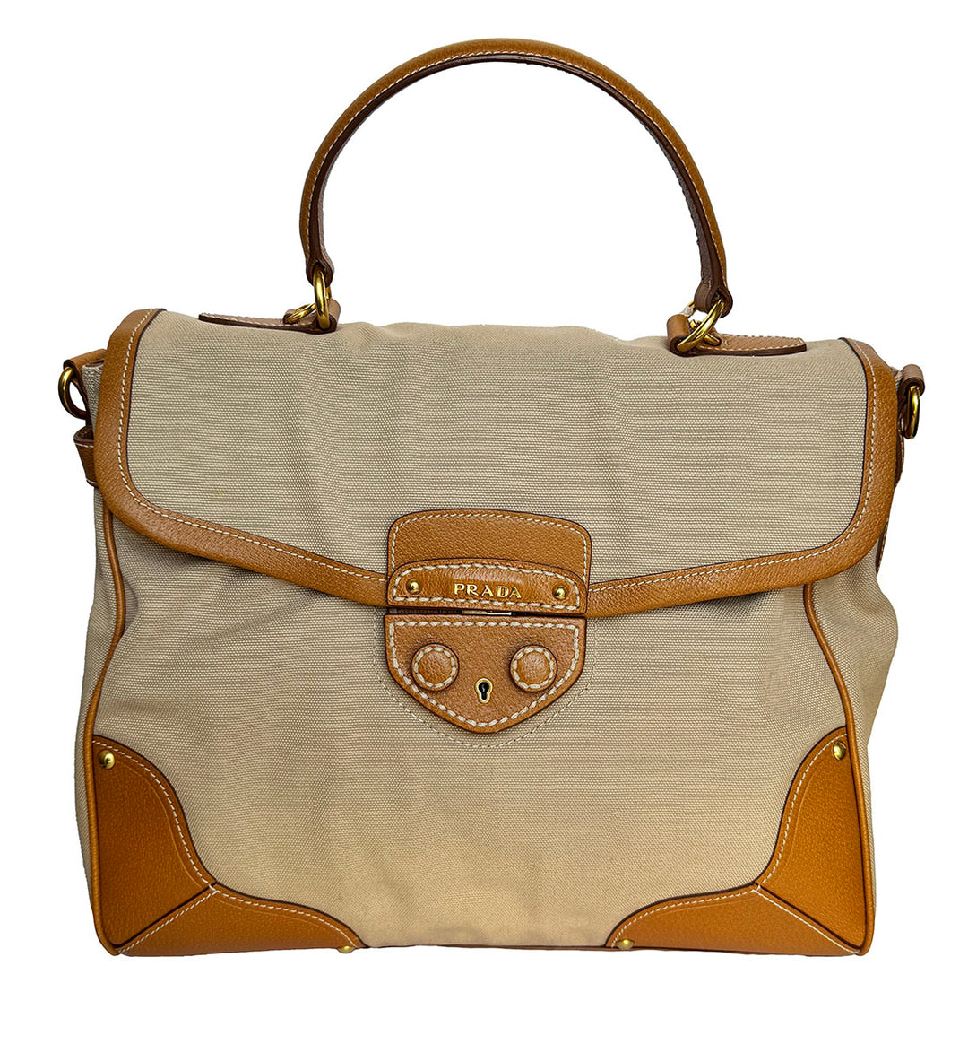 Prada Buckle Top Handle Satchel Beige