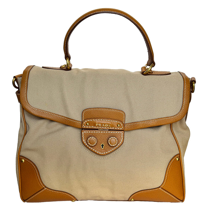 Prada Buckle Top Handle Satchel Beige