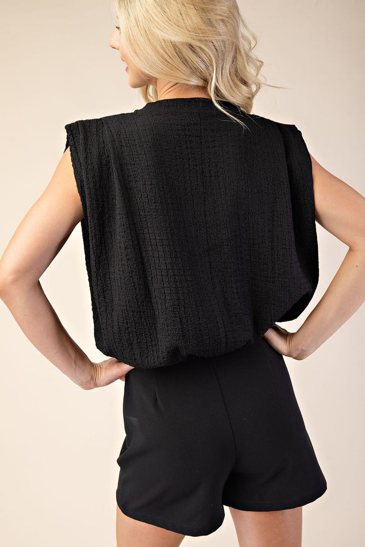 Glam Black Textured Cap Sleeve Bubble Hem Blouse