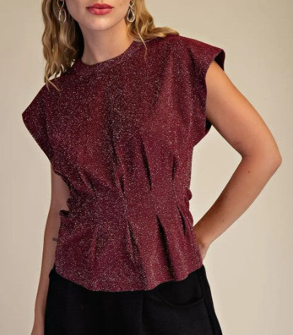 Glam Cap Sleeve Pleated Blouse - Wine
