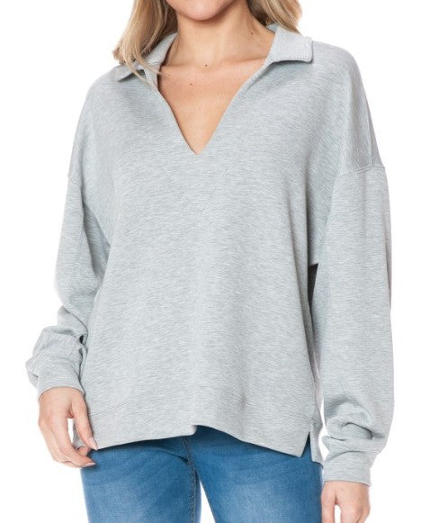 Ariella Collared Scuba Pullover - Heather Grey