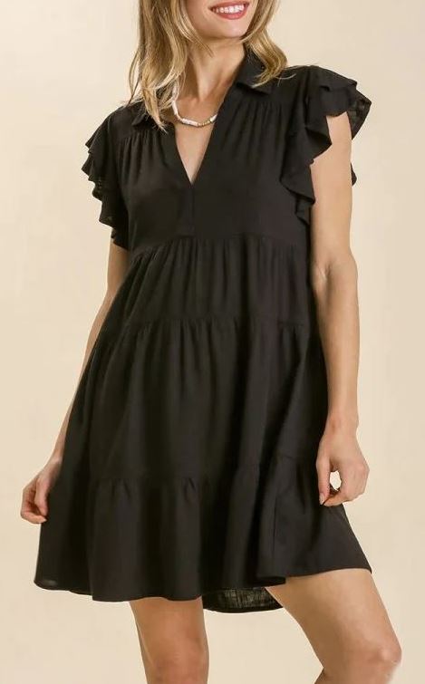 Umgee Black Linen Blend Ruffle Sleeve Short Dress