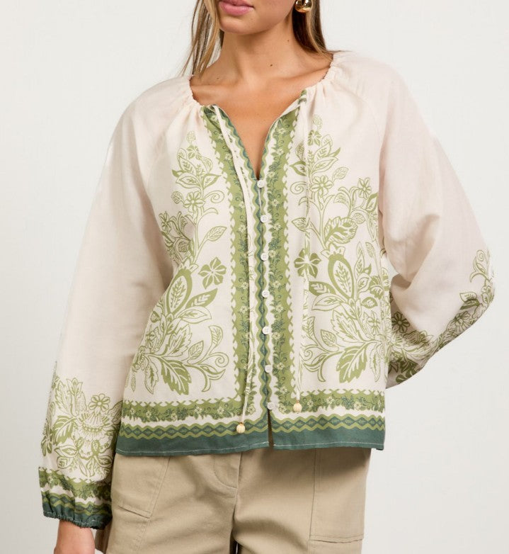 Skies Are Blue Cream/Olive Long Sleeve Blouse