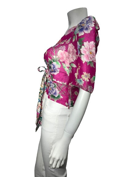 Sandro Fuchsia Floral Ruched Front Short Sleeve Blouse - SMALL