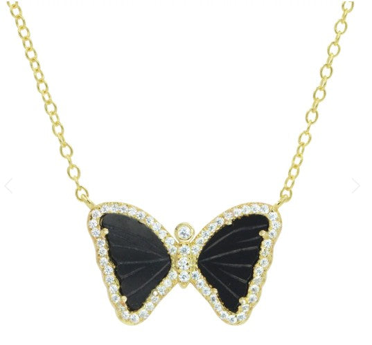 Kamaria Mini Butterfly Necklace In Black Onyx - Gold