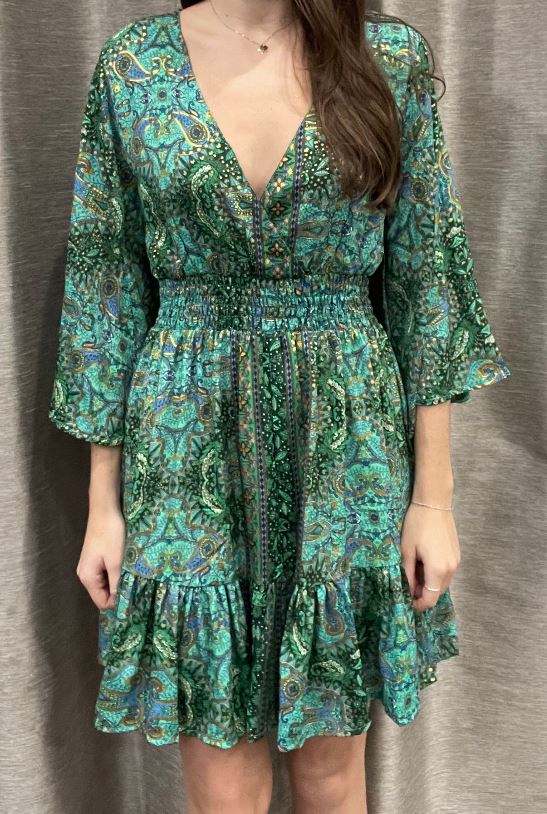 Paani Green Printed 3/4 Sleeve Short Dress
