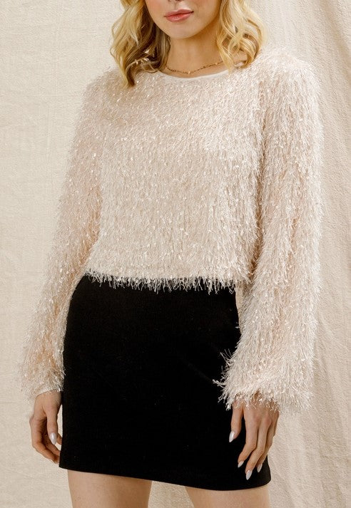 En Creme Cream Fringe Cropped Top