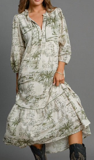 Umgee Olive/Cream Toile Print 3/4 Sleeve Midi Dress