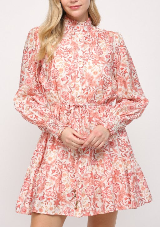 Fate Coral/White Floral Long Sleeve Dress with Belt