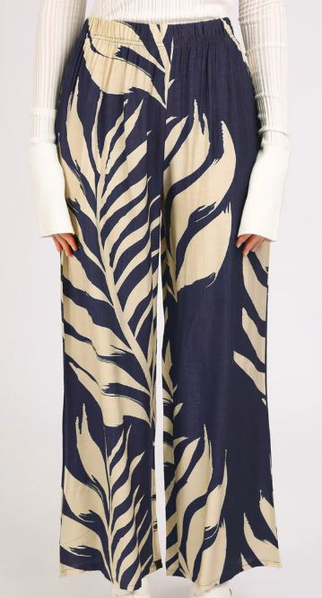 Beulah Navy/Beige Tropical Print Wide Leg Pants