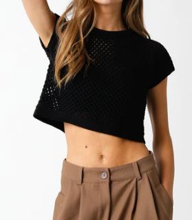 Olivaceous Black Crochet Cropped Cap Sleeve Knit