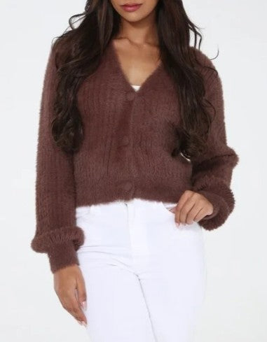 Rain & Rose Brown Fuzzy Button Cardigan Sweater