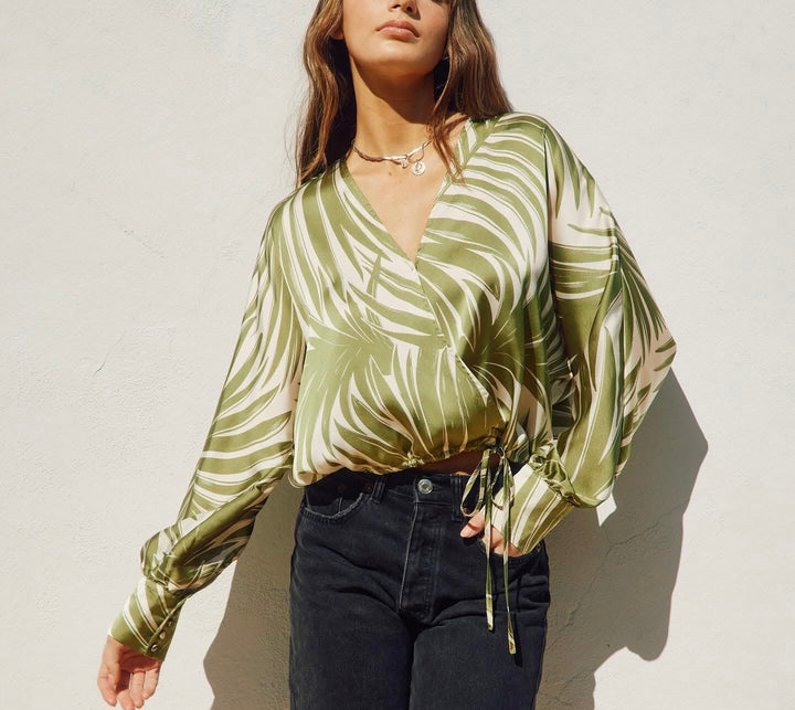 Dress Forum Olive/Ivory Palms Long Sleeve Surplice Tie Top