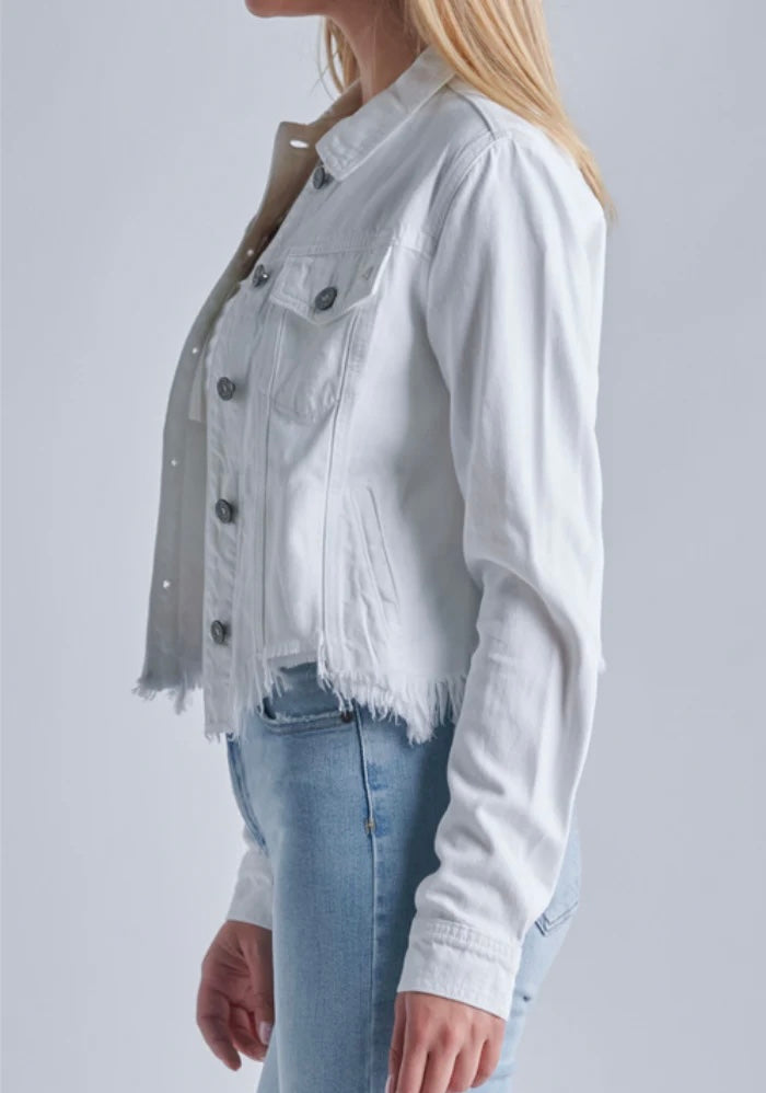 Hidden Cropped Denim Frayed Jacket - Ivory