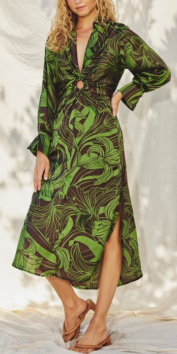 Dress Forum Brown/Green Printed Long Sleeve Midi Dress