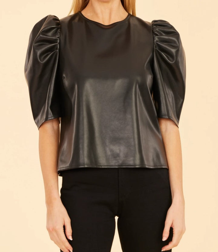 Dolce Cabo Black Faux Leather Puff Shoulder Top