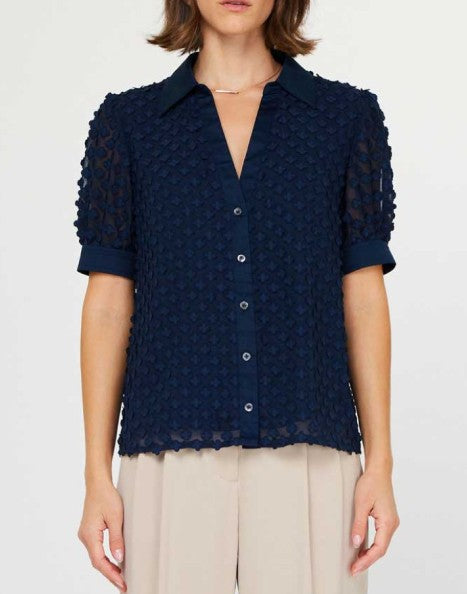 Current Air Navy Applique Short Sleeve Button Down Blouse