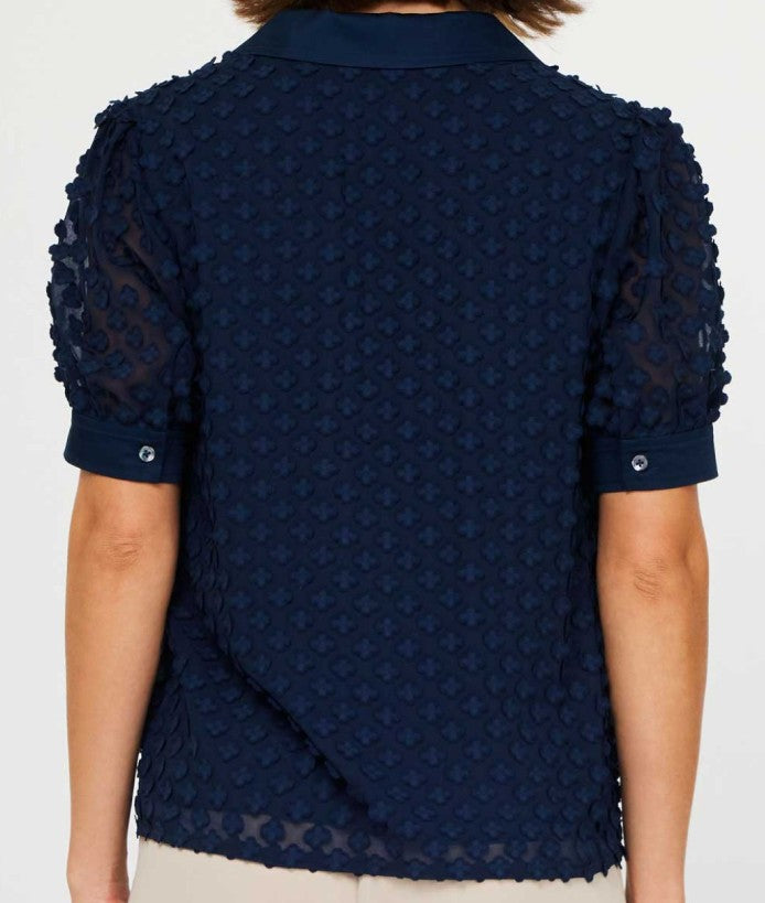 Current Air Navy Applique Short Sleeve Button Down Blouse