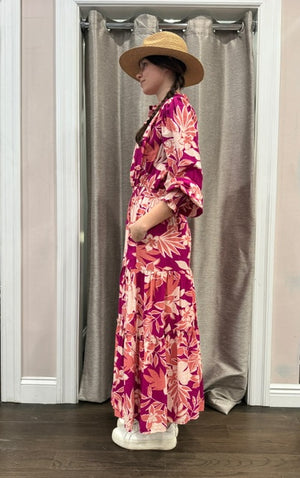 Fate Magenta/Peach Floral Long Sleeve Maxi Dress