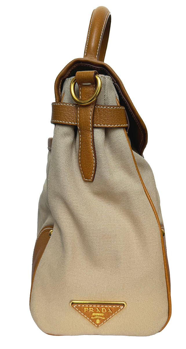 Prada Buckle Top Handle Satchel Beige