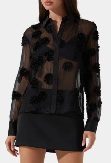 ASTR Sheer Black Long Sleeve Blouse with Flower Applique