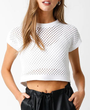 Olivaceous White Crochet Cropped Cap Sleeve Knit