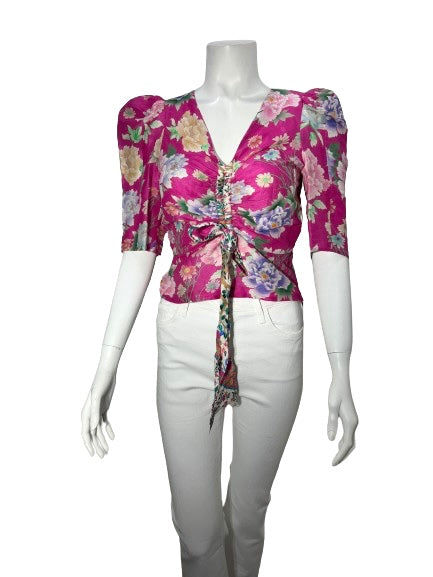 Sandro Fuchsia Floral Ruched Front Short Sleeve Blouse - SMALL