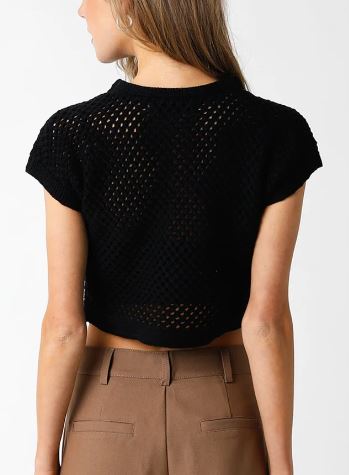 Olivaceous Black Crochet Cropped Cap Sleeve Knit