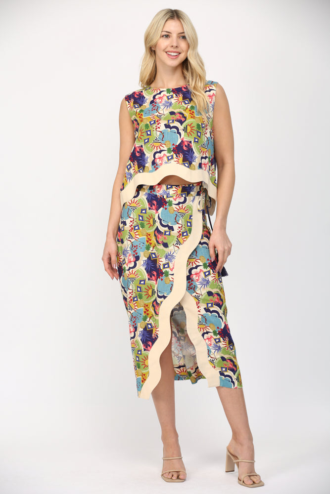 Fate Multicolor Printed Sleeveless Linen Blend Cropped Top