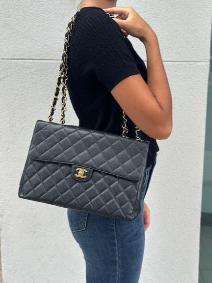 Chanel Caviar Leather Classic Flap Handbag - 24k Gold Hardware - Large